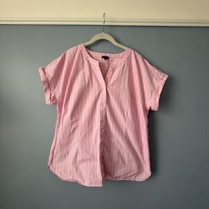 NWOT Talbots Pink White Short Sleeve Split Neck 100% Cotton Button Up Size XL